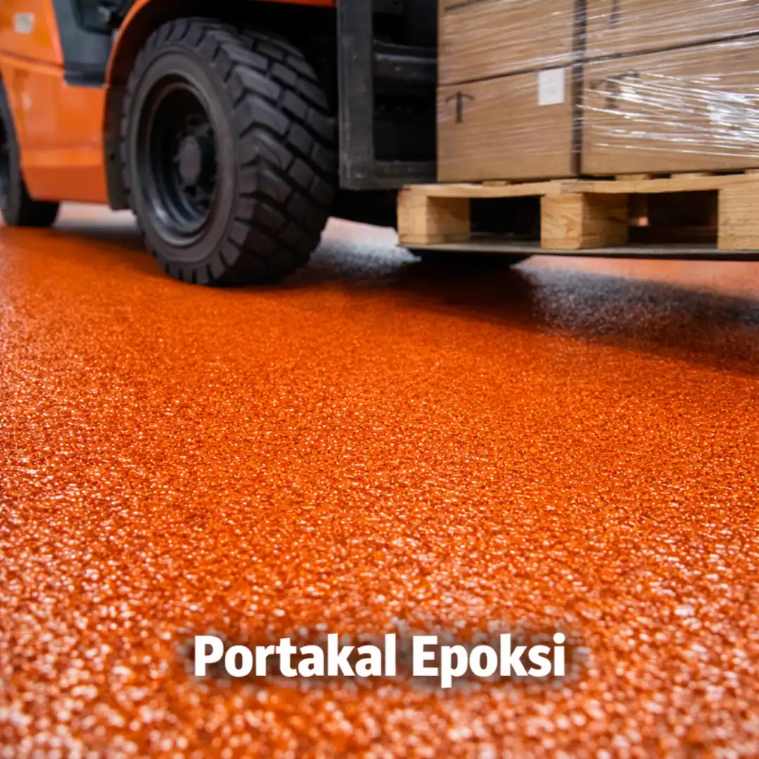 Portakal epoksi zemin üzerinde forklift trafiği dayanım testi ağır yük performansı