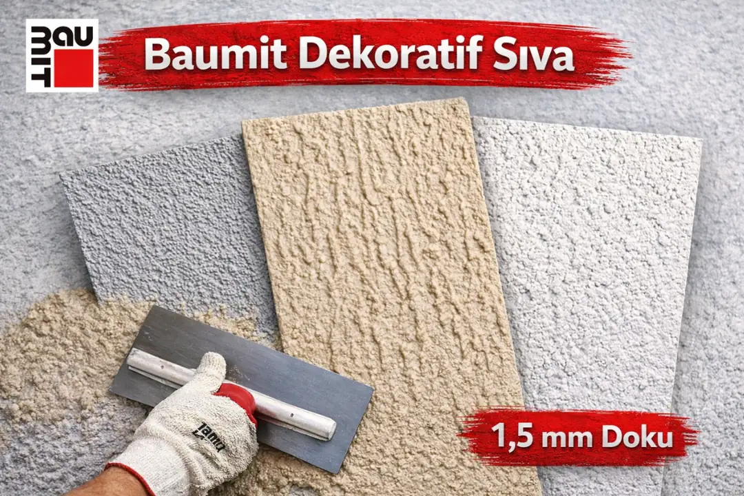 Baumit dekoratif sıva 1,5 mm doku örnekleri ve farklı renk seçenekleriyle dış cephe yüzey kaplama detayları&nbsp;