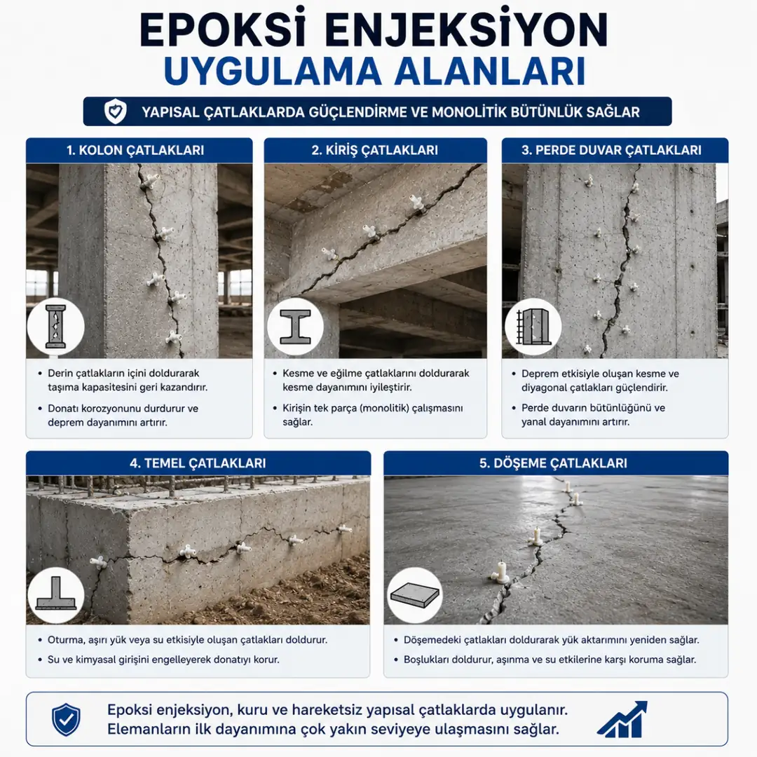 Kolon kiriş perde duvar temel ve döşeme çatlaklarında epoksi enjeksiyon alanları&nbsp;