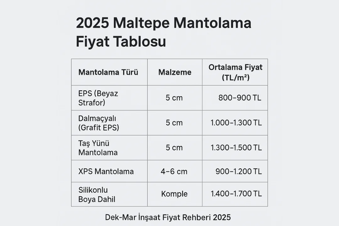 2025 Maltepe mantolama fiyat tablosu – EPS, Dalmaçyalı, taş yünü sistem m² fiyatları – Dek-Mar İnşaat rehberi