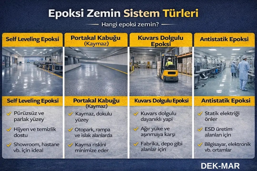 Epoksi zemin kaplama sistem türleri; self leveling, kaymaz, kuvars dolgulu ve antistatik epoksi