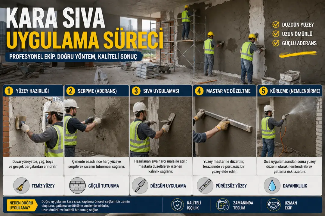 Kara sıva uygulama sürecinde şantiyede ekip halinde yapılan duvar sıva işlemleri ve saha çalışması genel görünüm