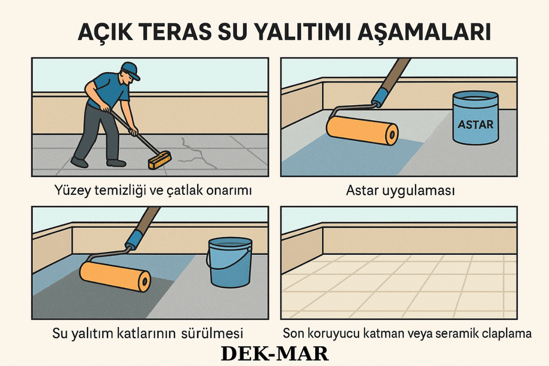 Açık teras su yalıtımı uygulama aşamaları: temizlik, astar, sürme izolasyon ve koruma katmanı. 