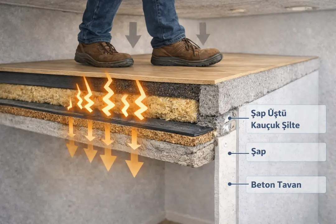 Şap üstü kauçuk şilte ile yapılan zemin darbe sesi yalıtımı ve ayak sesi kesme uygulaması