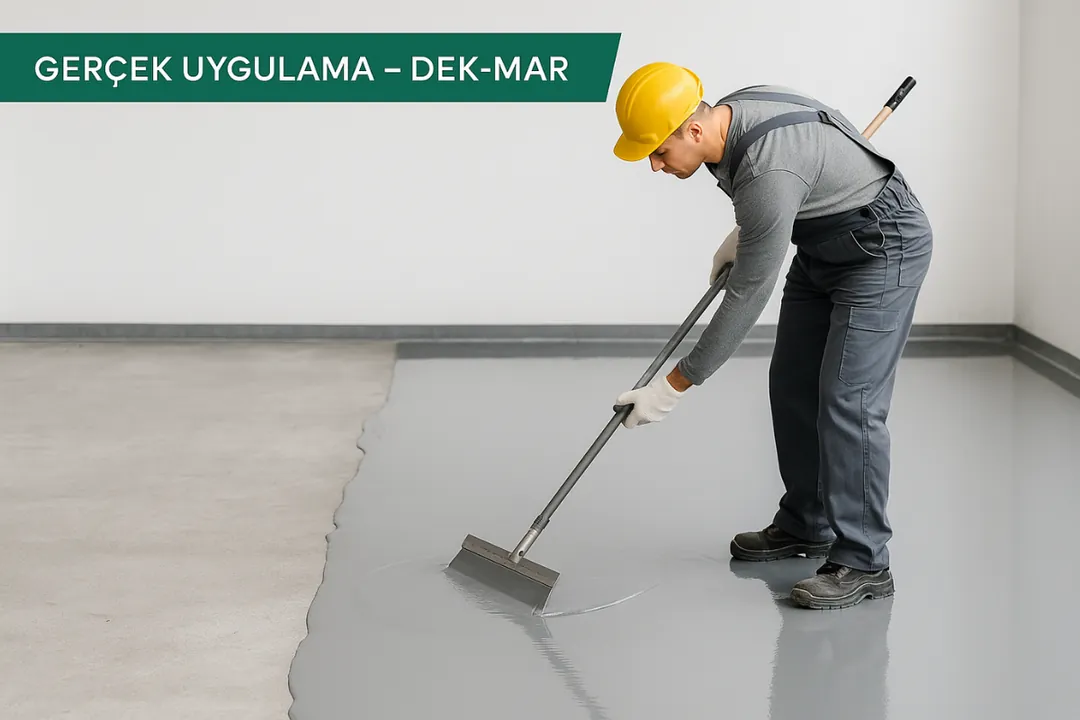 Epoksi zemin kaplama uygulama sahnesi – rulo ve taraklı mala ile self leveling uygulama – Dek-Mar İnşaat