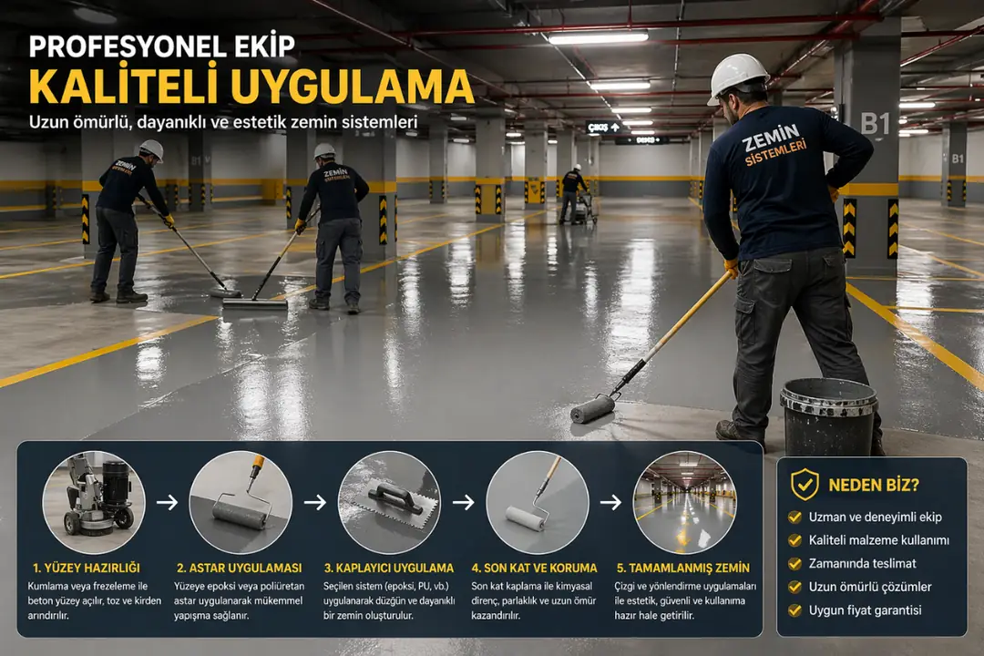 epoksi zemin kaplama saha uygulaması ekip çalışması otopark&nbsp;