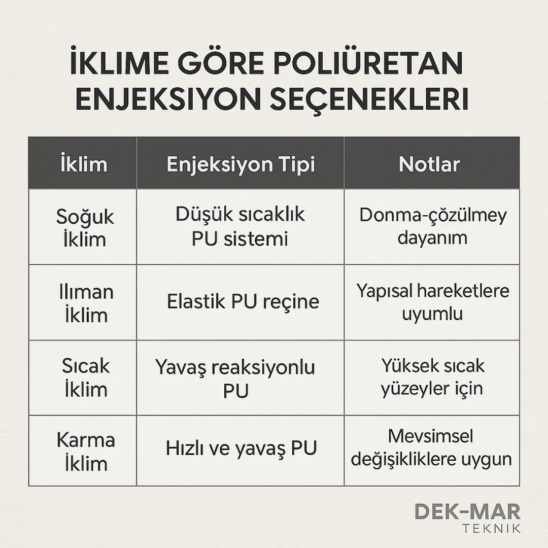 İklimlere göre poliüretan enjeksiyon seçenekleri ve teknik notları içeren 2025 fiyat tablosu – soğuk, ılıman ve sıcak iklim – Dek-Mar