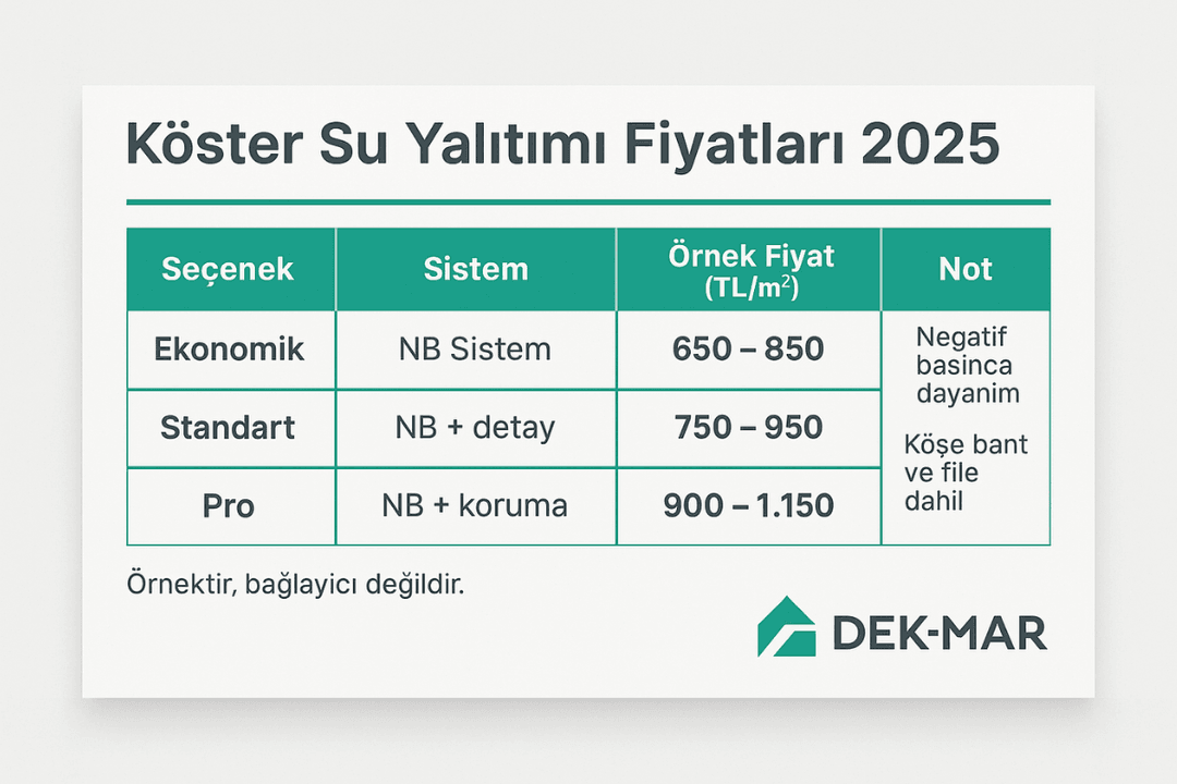 Köster su yalıtımı 2025 örnek fiyat tabloları – Dek-Mar keşifle netleşir. 