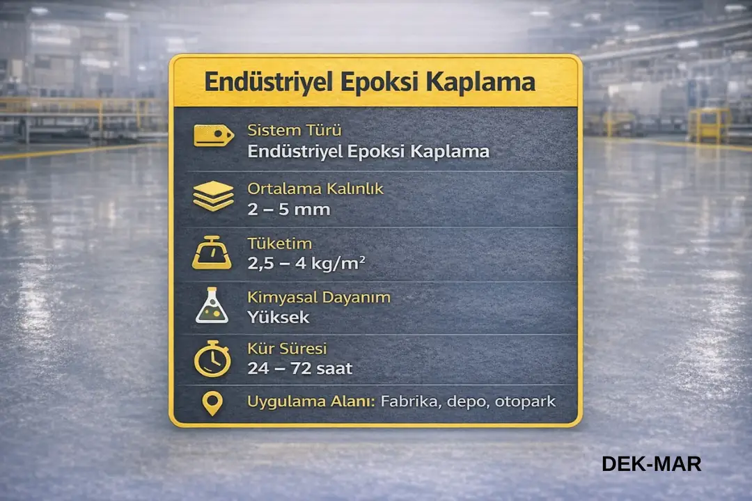 Endüstriyel epoksi kaplama teknik bilgileri – kalınlık, tüketim ve kür süresi.