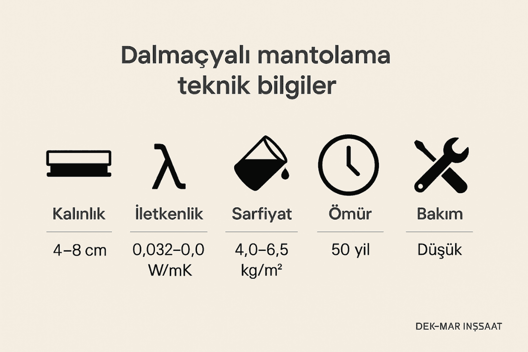 Dalmaçyalı mantolama teknik bilgiler: kalınlık, ısı iletkenlik, sarfiyat, ömür, bakım. 