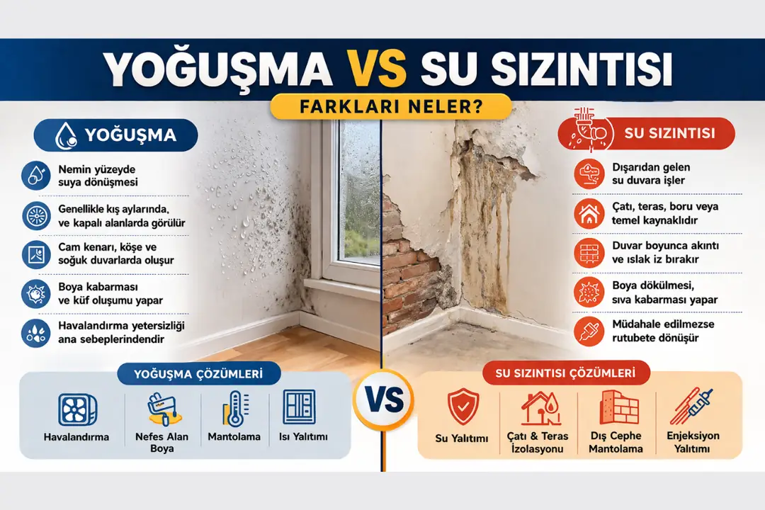 Yoğuşma ve su sızıntısı farkı duvar üzerinde karşılaştırma&nbsp;