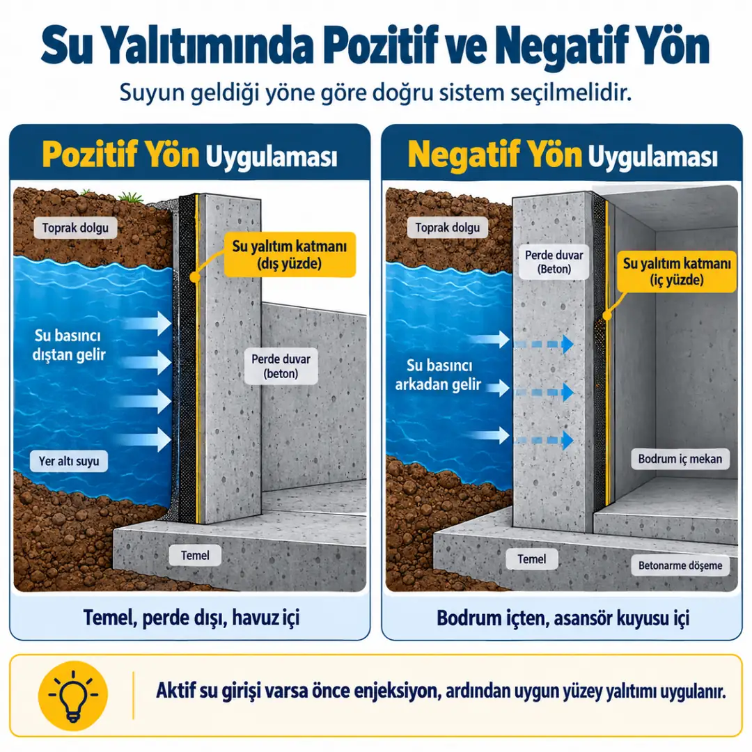 Su yalıtımında pozitif ve negatif yön uygulaması şeması