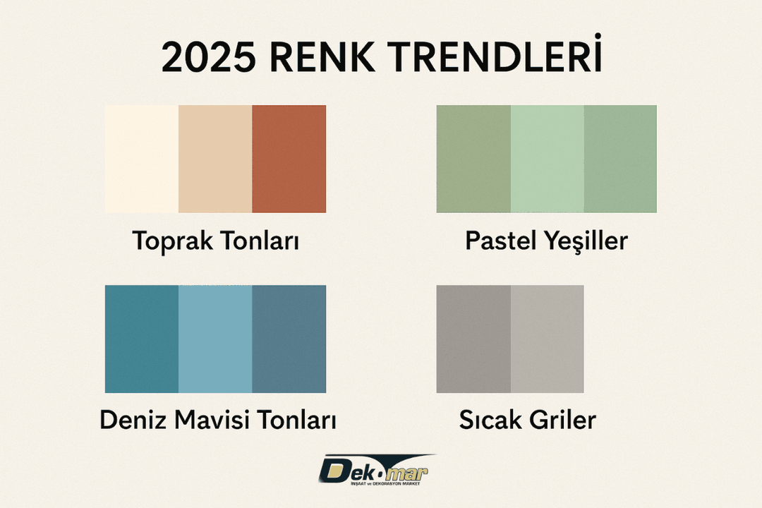 2025 yılı 4+1 ev boyama için toprak tonları, pastel yeşiller, deniz mavisi tonları ve sıcak gri renk paletleri. 