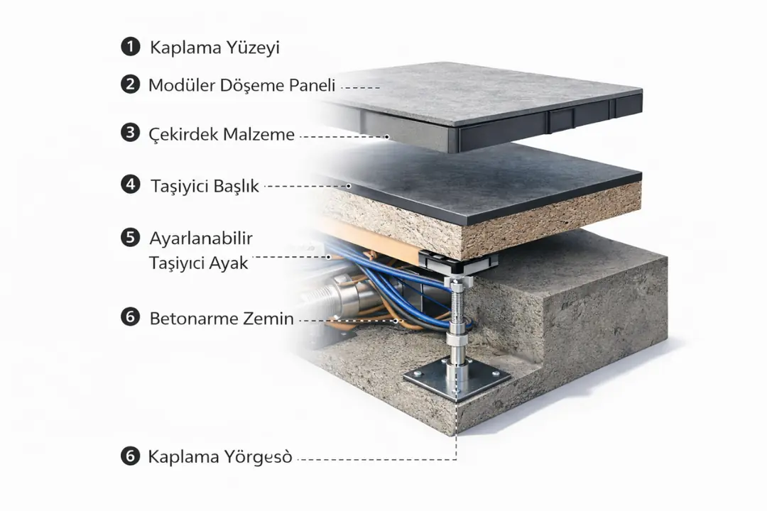 Yükseltilmiş döşeme detay kesiti ve taşıyıcı ayak sistemi