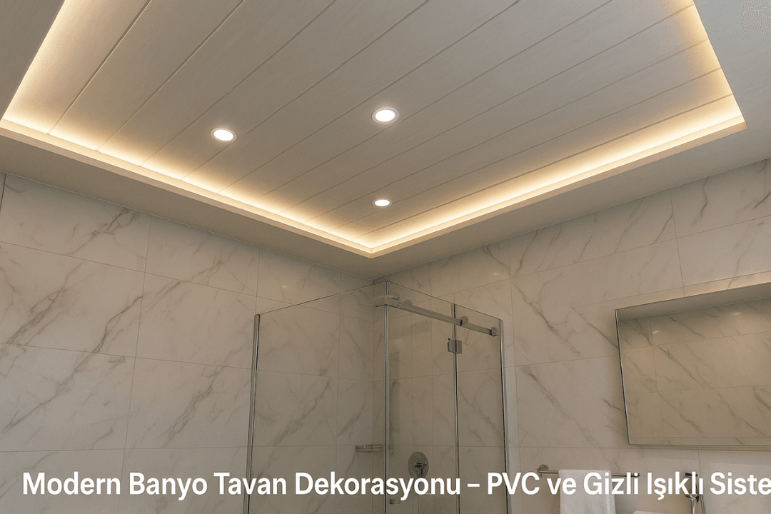 Kuşadası’nda modern banyolar için PVC kaplama, gizli LED ışıklı, nem dayanıklı ve estetik tavan dekorasyonu – uzun ömürlü çözüm seçeneği. 