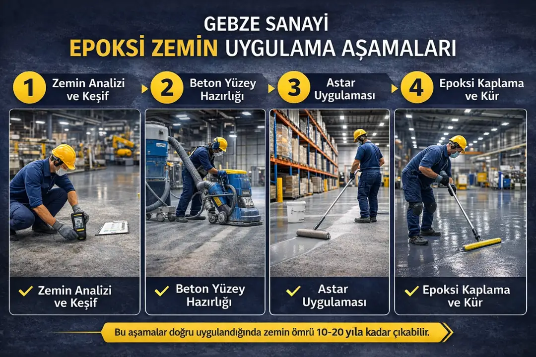 Gebze sanayi epoksi zemin uygulama aşamaları beton hazırlığı astar kaplama ve kür süreci&nbsp;