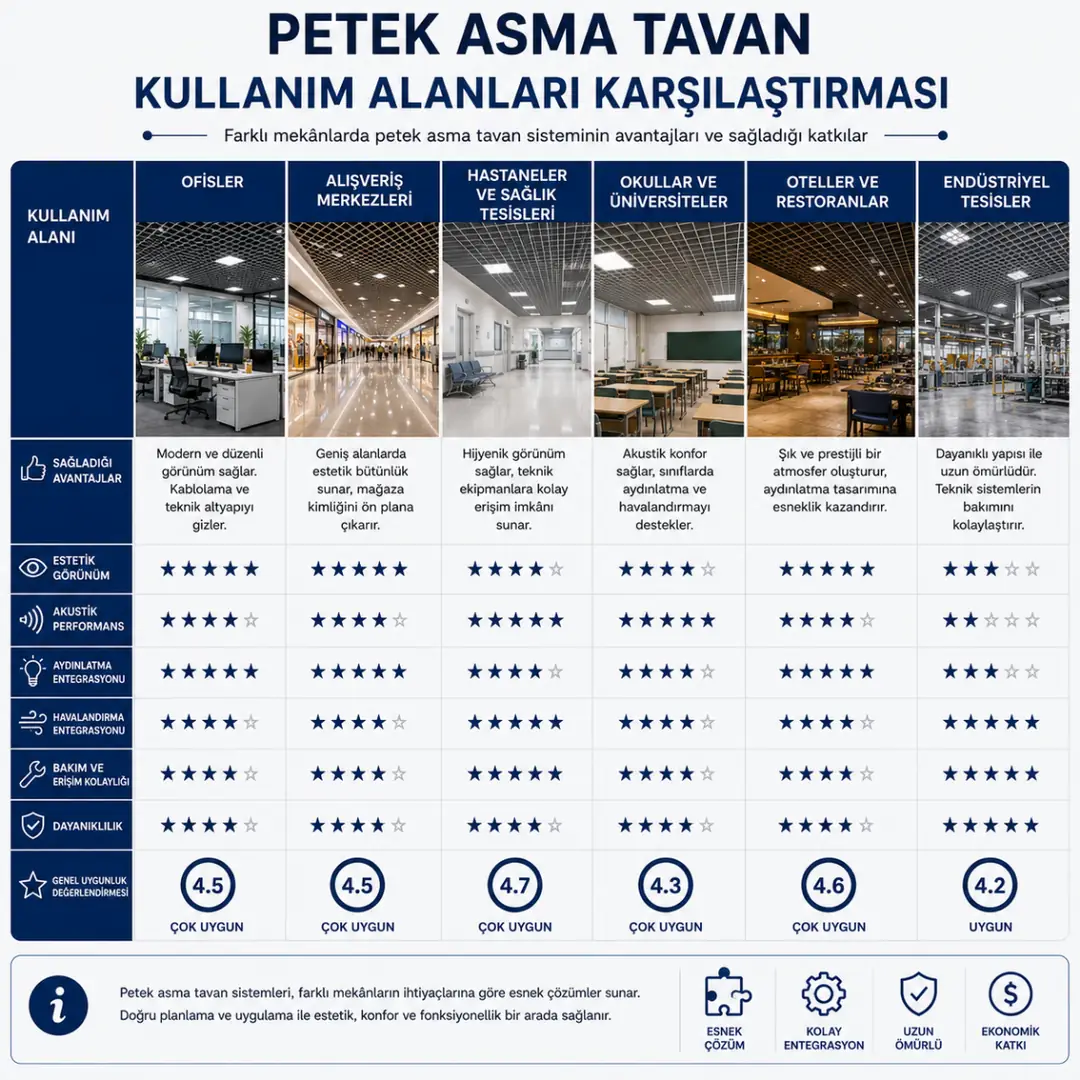 Petek asma tavanın ofis AVM showroom ve ticari alanlarda kullanımı&nbsp;