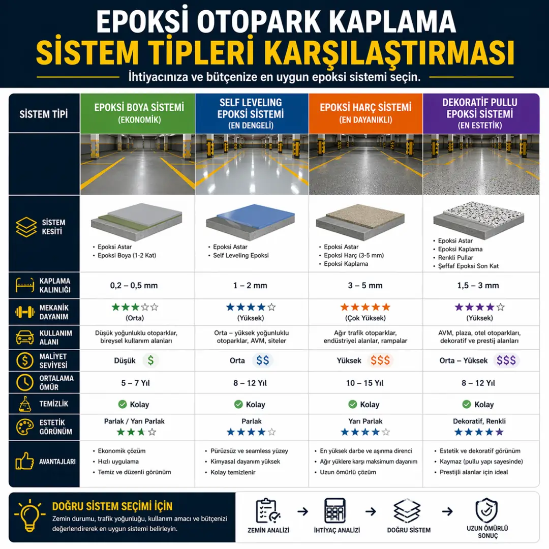 Epoksi zemin kaplama sistemleri karşılaştırması boya self leveling ve harç sistemi farkları&nbsp;