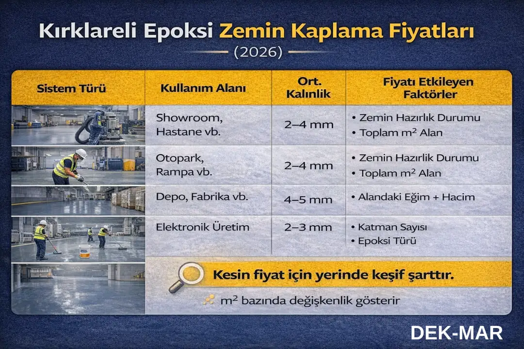 Kırklareli epoksi zemin kaplama fiyatlarını etkileyen faktörler ve sistem türlerine göre karşılaştırma