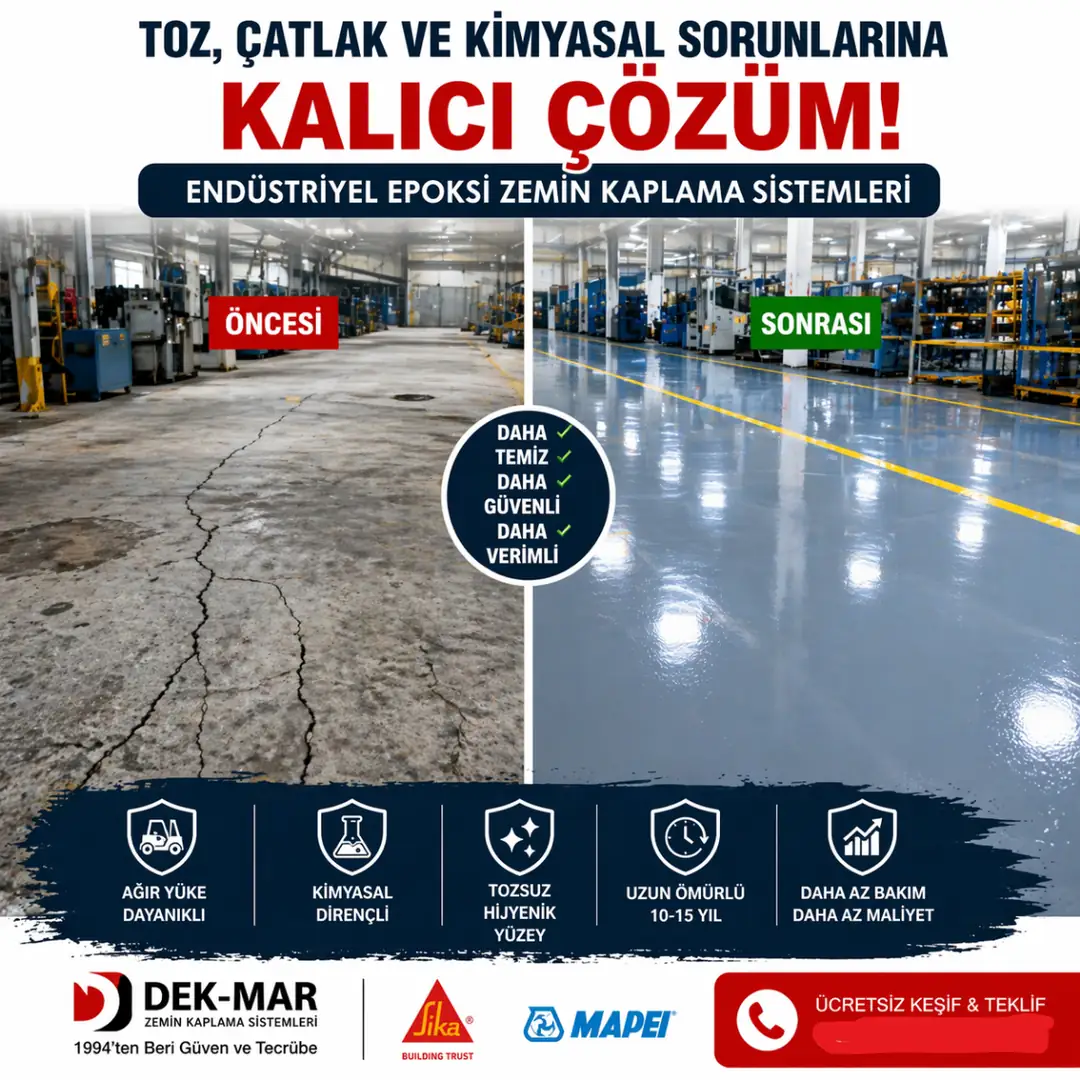 Sultanbeyli fabrikada epoksi zemin kaplama öncesi çatlak beton ve sonrası parlak endüstriyel zemin karşılaştırması