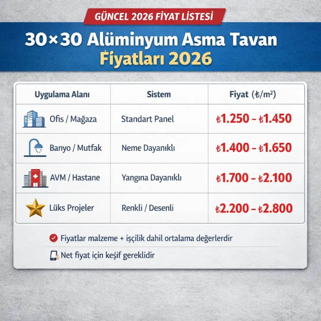 30*30 alüminyum asma tavan fiyatları 2026 m2 fiyat listesi ofis banyo avm ve dekoratif tavan sistemleri fiyat tablosu
