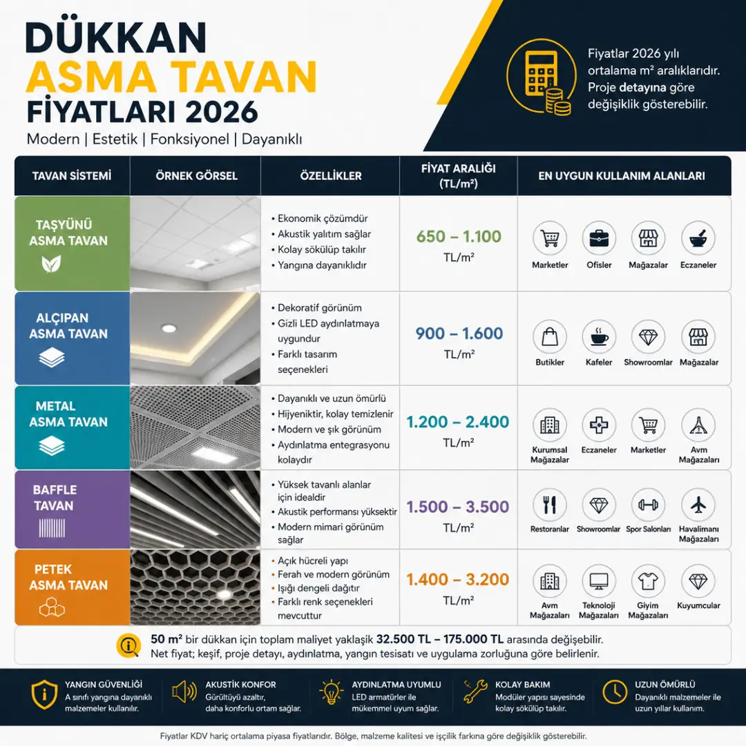 Dükkan asma tavan fiyatları 2026 taş yünü metal alçıpan baffle petek tavan m2 maliyet tablosu&nbsp;