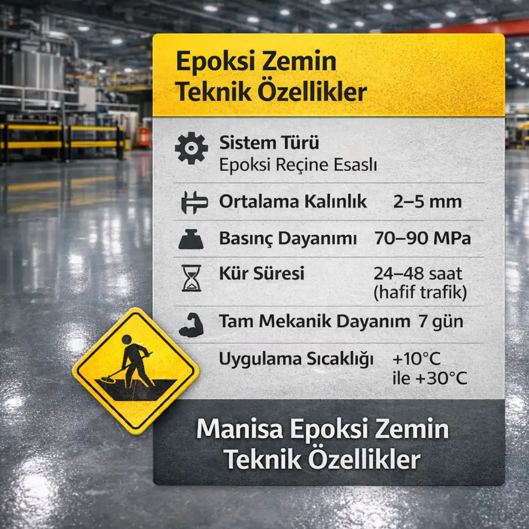 Manisa epoksi zemin teknik özellikleri kalınlık dayanım kür süresi teknik özet tablosu
