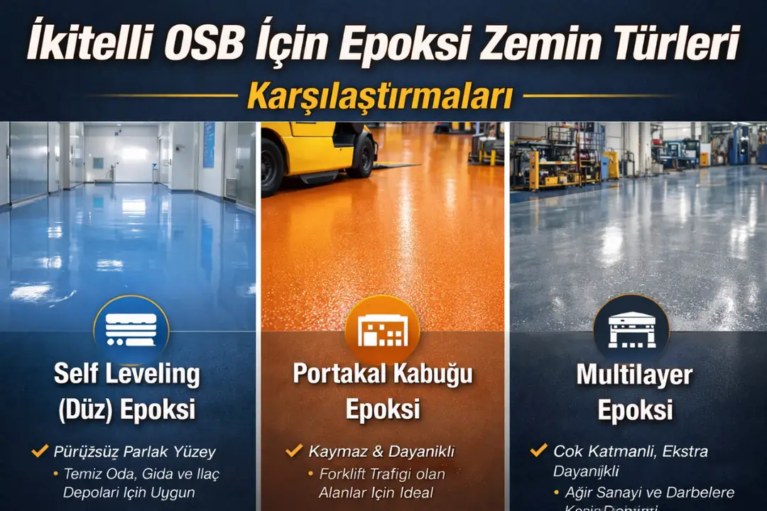 İkitelli OSB için self leveling, portakal kabuğu ve multilayer epoksi zemin türleri karşılaştırması.&nbsp;