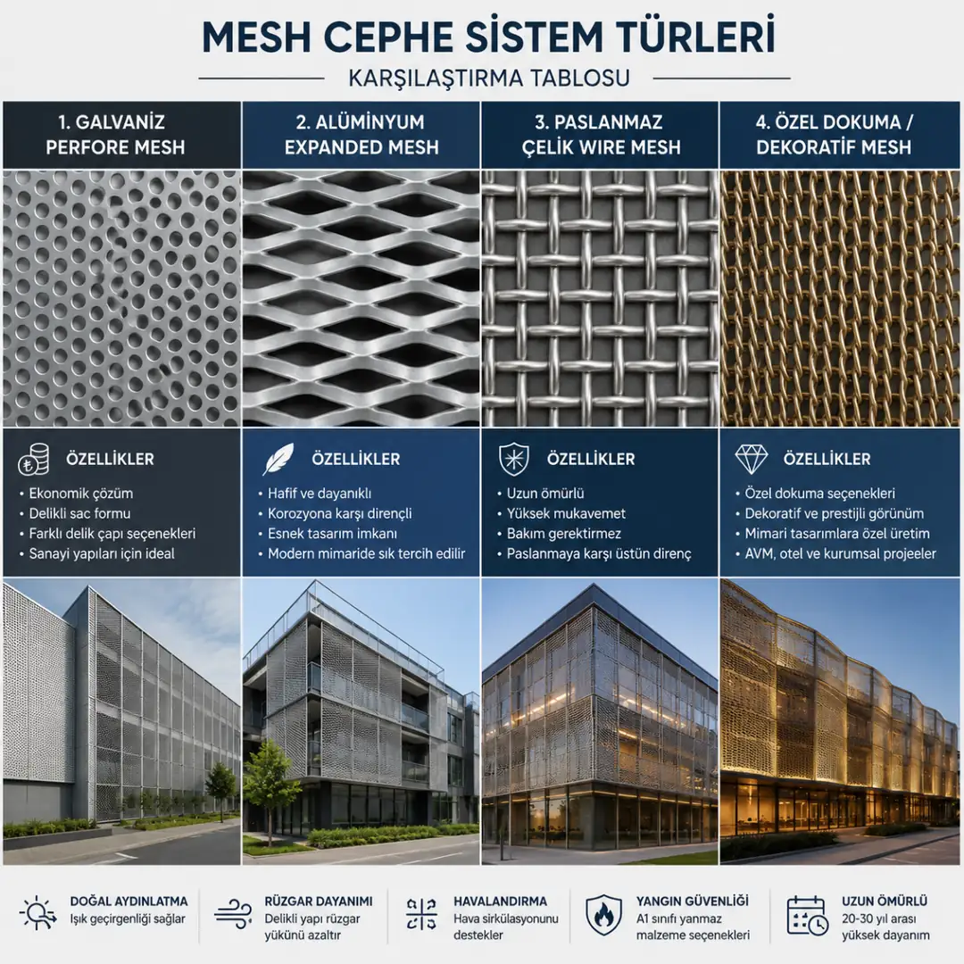Galvaniz perfore mesh, alüminyum expanded mesh, paslanmaz çelik wire mesh ve dekoratif dokuma mesh cephe sistemlerinin karşılaştırıldığı teknik infografik&nbsp;