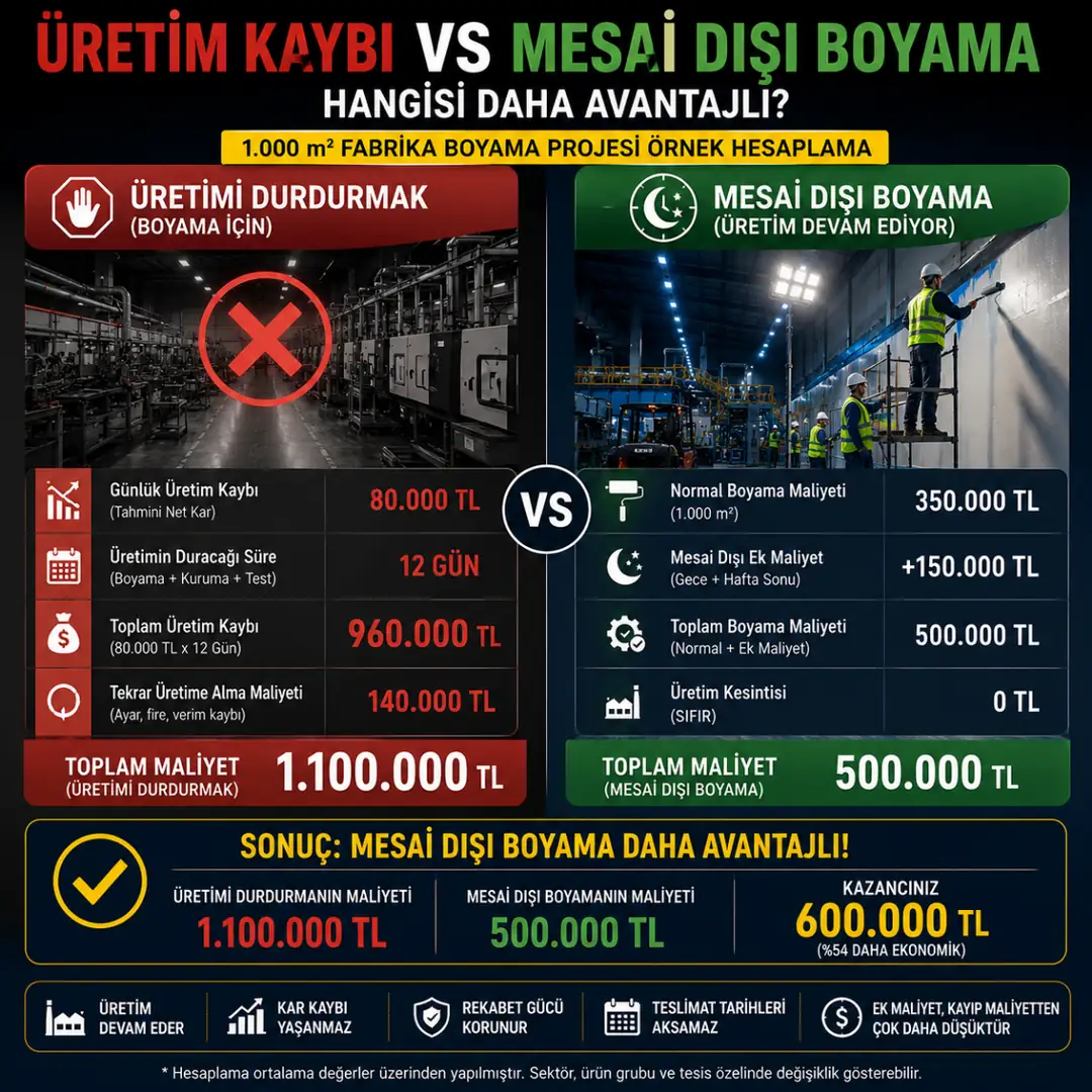 Üretim kaybı ile gece boyama ek maliyet karşılaştırması fabrika finans analizi&nbsp;