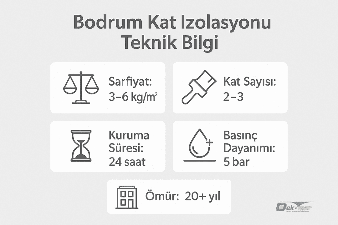 “Bodrum kat izolasyonu teknik bilgiler – sarfiyat, kat sayısı, kuruma süresi ve basınç dayanımı.