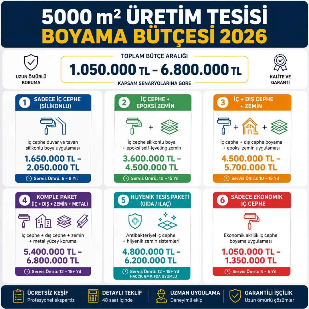 5000 m2 üretim tesisi boyama fiyat tablosu iç cephe epoksi zemin komple paket maliyetleri&nbsp;