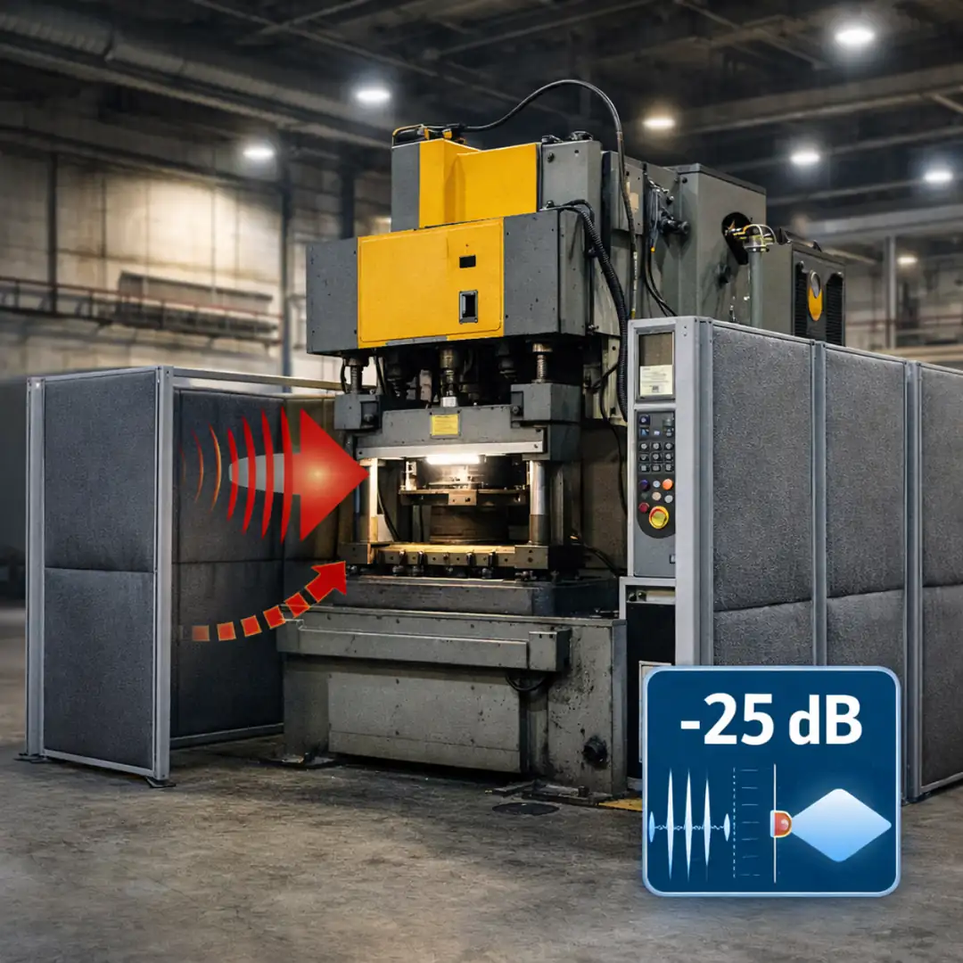 Makine çevresine uygulanan ses bariyeri sistemi ile gürültü azaltımı örneği