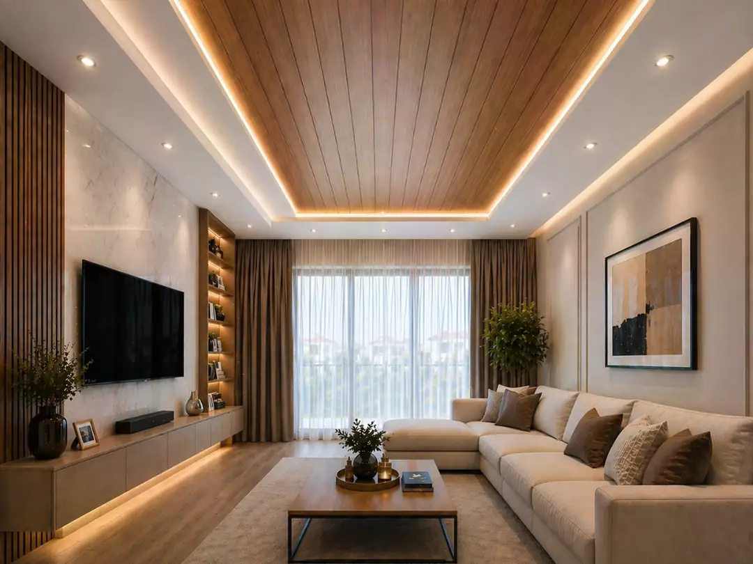beyaz ve ahşap kombinli modern salon tavan dekorasyonu&nbsp;