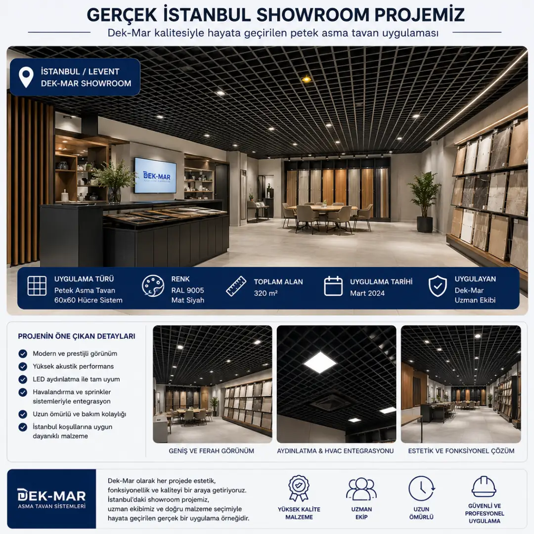 İstanbul showroom projesinde uygulanan siyah petek asma tavan sistemi&nbsp;