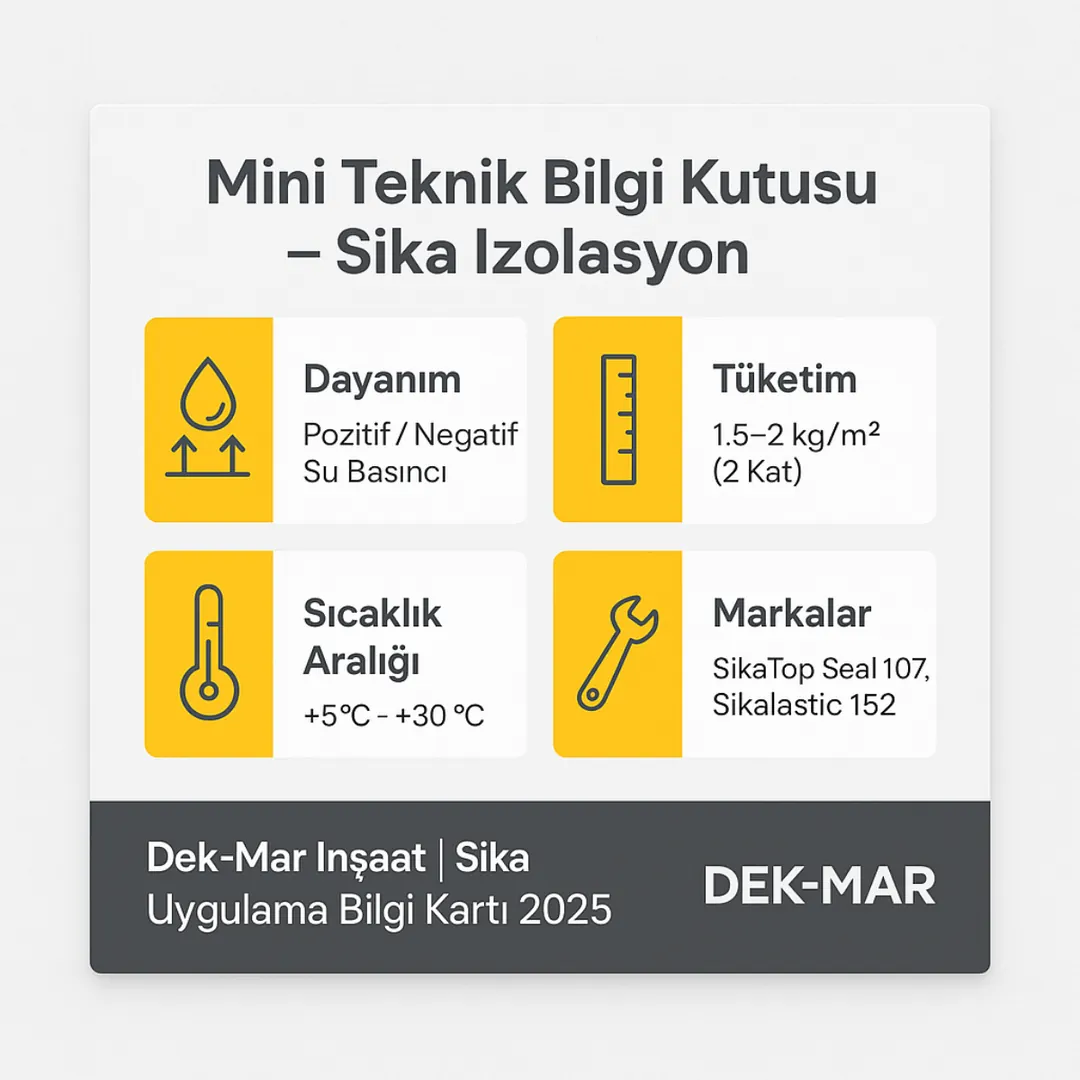 Sika izolasyon teknik bilgi kutusu – dayanım, tüketim, sıcaklık aralığı ve ürün bilgileri – Dek-Mar 2025