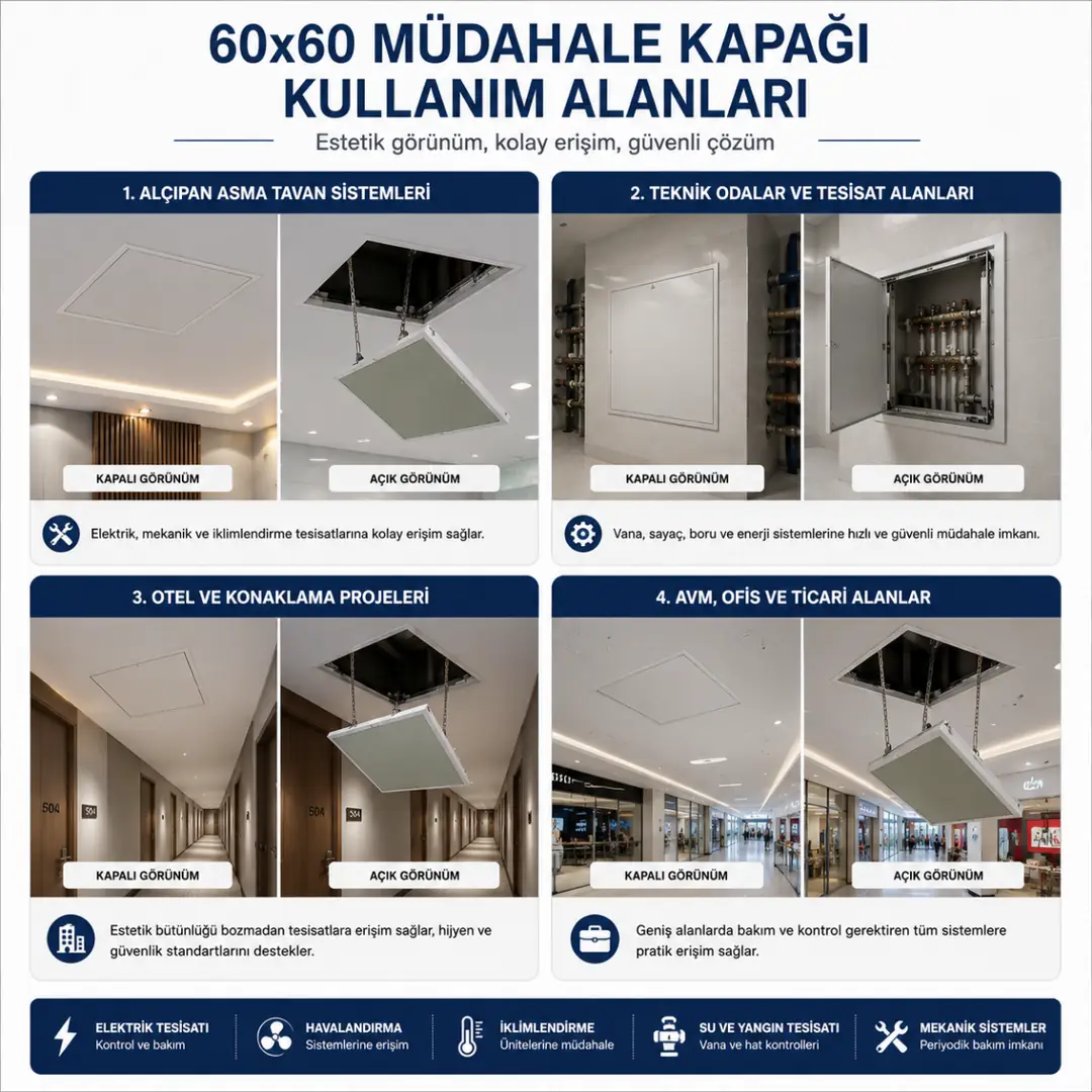 60x60 müdahale kapağı kullanım alanları otel AVM teknik oda ve alçıpan asma tavan uygulamaları