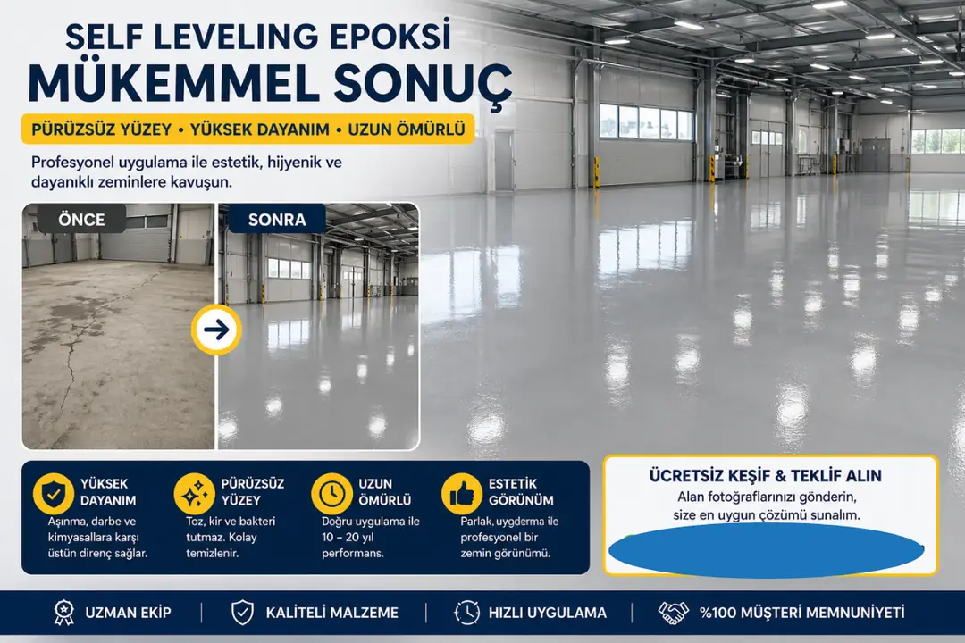 Tamamlanmış self leveling epoksi zemin kaplama parlak ve pürüzsüz final görünüm