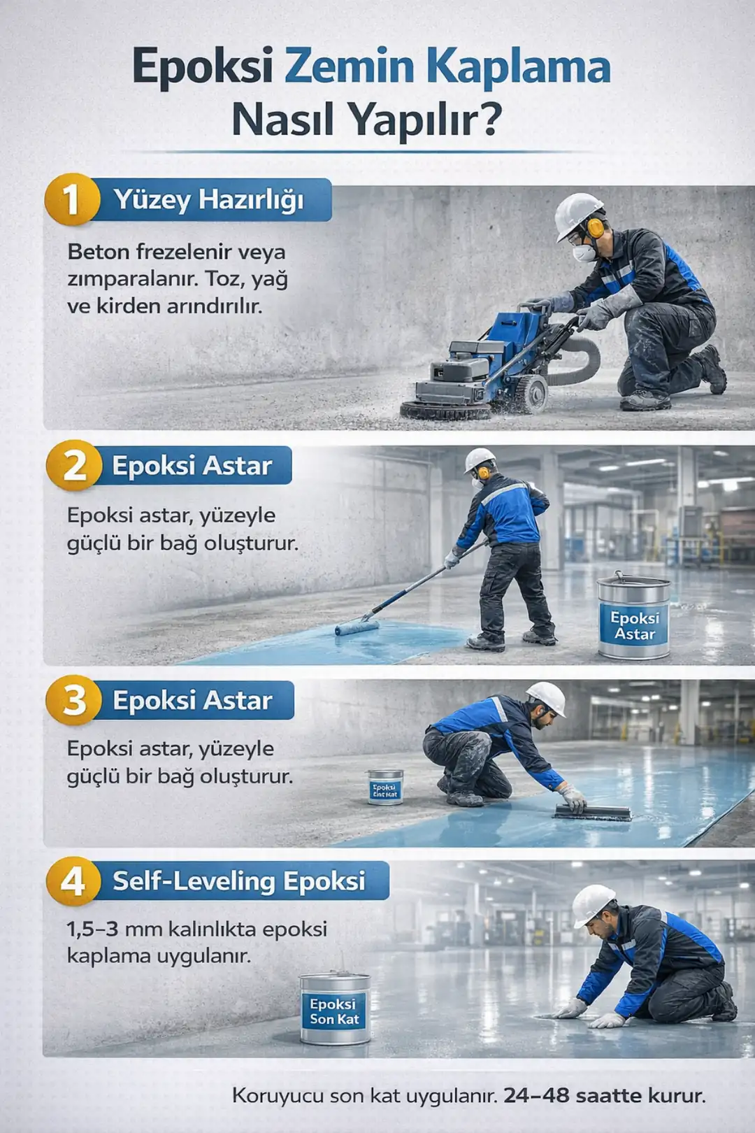 Epoksi zemin kaplama uygulama aşamaları, yüzey hazırlığı ve kaplama sistemi