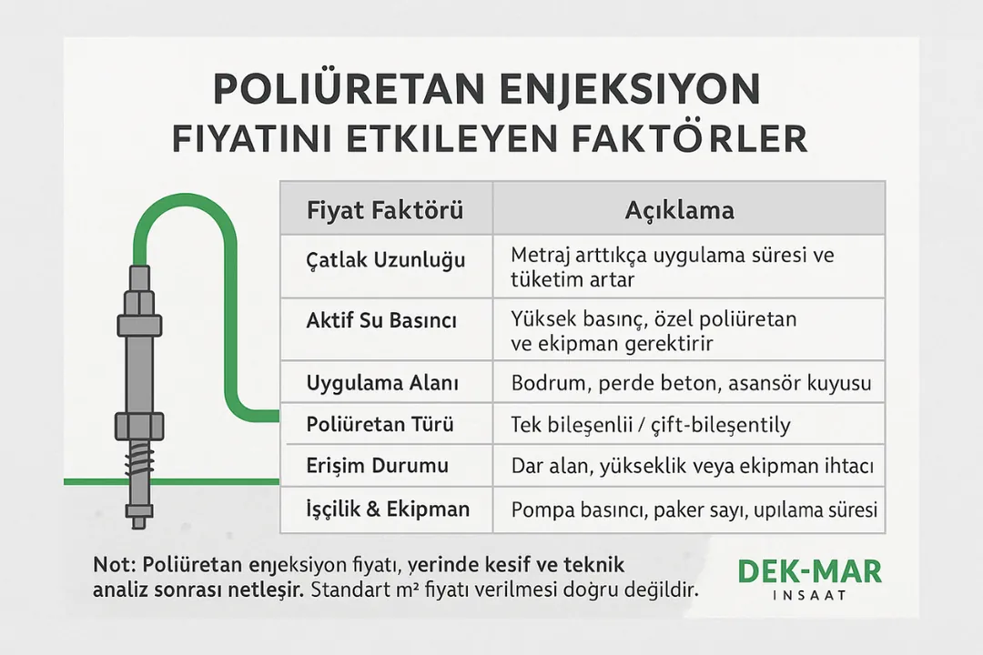 Poliüretan enjeksiyon fiyatını etkileyen faktörler – çatlak uzunluğu, su basıncı ve uygulama alanına göre keşif bazlı tablo