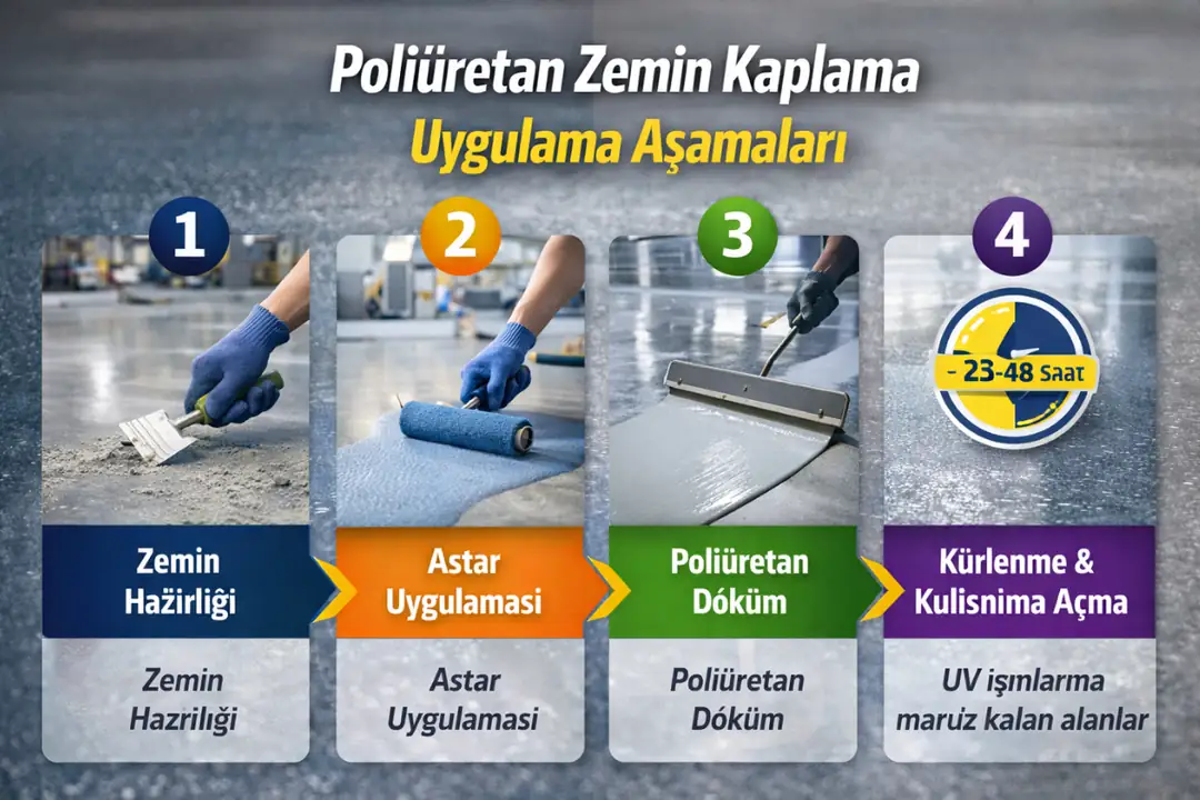 Poliüretan zemin kaplama uygulama aşamaları, astar, döküm ve kür süreci adımları&nbsp;