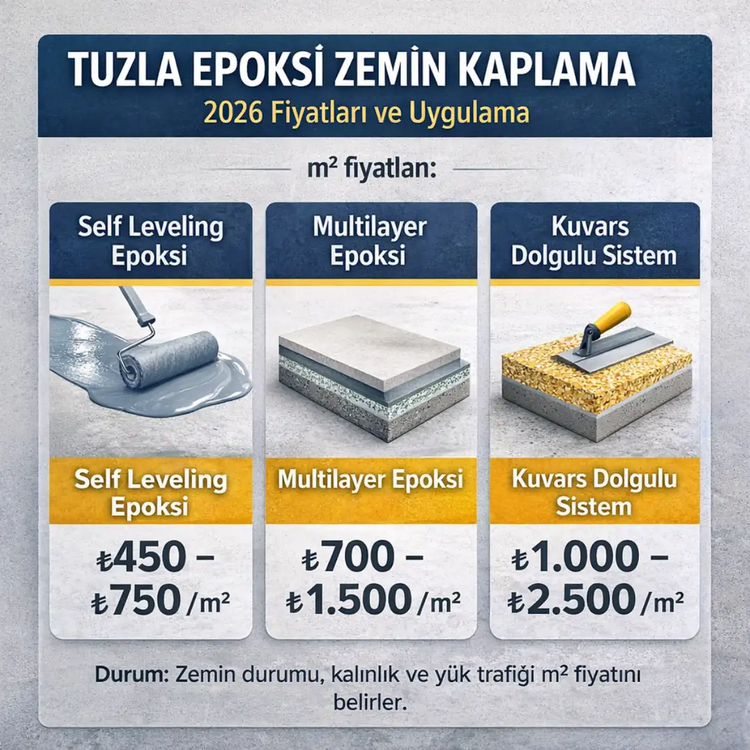 Tuzla epoksi zemin kaplama fiyat tablosu 2026, sistem türlerine göre m2 maliyet karşılaştırması&nbsp;
