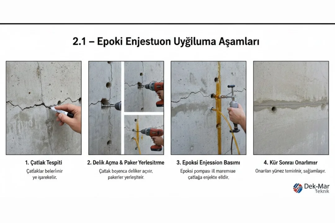 Epoksi enjeksiyon uygulama aşamaları – paker yerleştirme, çatlak doldurma, enjeksiyon pompası ile epoksi basımı – Dek-Mar Teknik