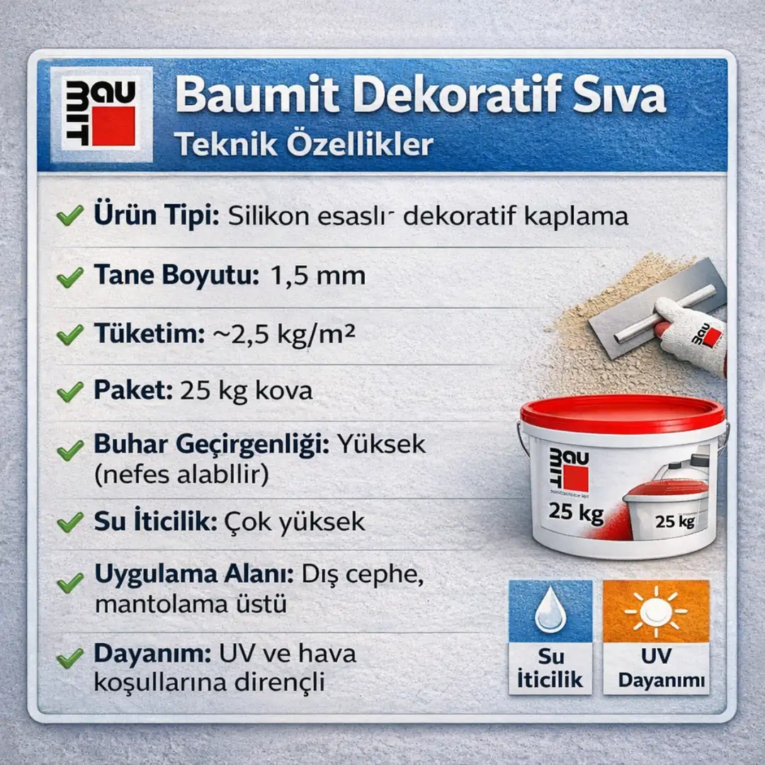 Baumit dekoratif sıva teknik bilgileri – silikon esaslı yapı, tüketim değeri, tane boyutu ve dış cephe performansı&nbsp;
