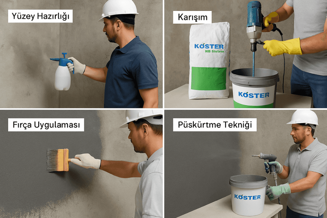 Köster NB Sistem uygulama aşamaları: yüzey hazırlığı, karışım, fırça uygulaması ve püskürtme tekniği. 