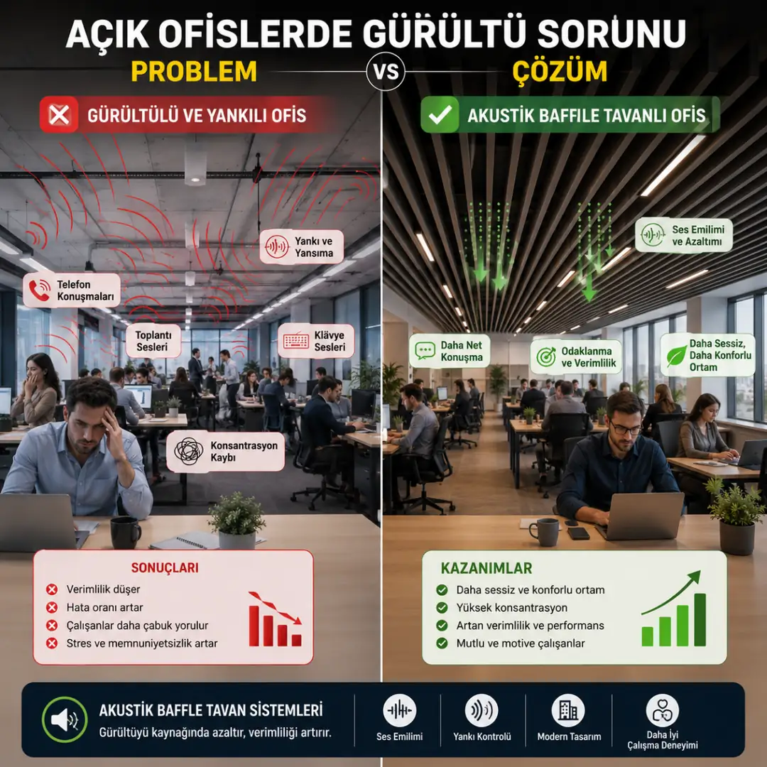Açık ofiste gürültü problemi ve akustik baffle tavan çözümü karşılaştırması&nbsp;