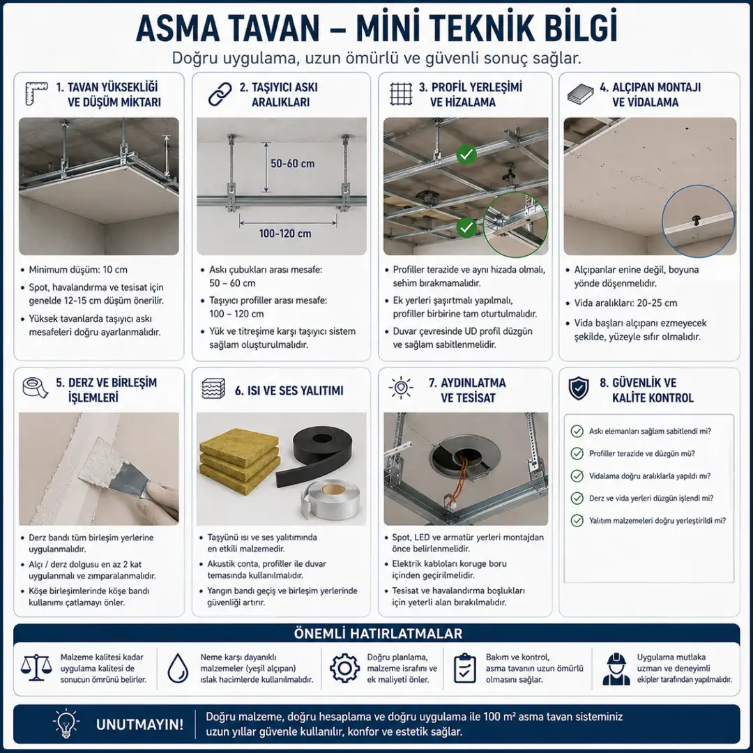 Asma tavan teknik bilgi alçıpan kalınlıkları profil aralıkları ve sistem özellikleri&nbsp;