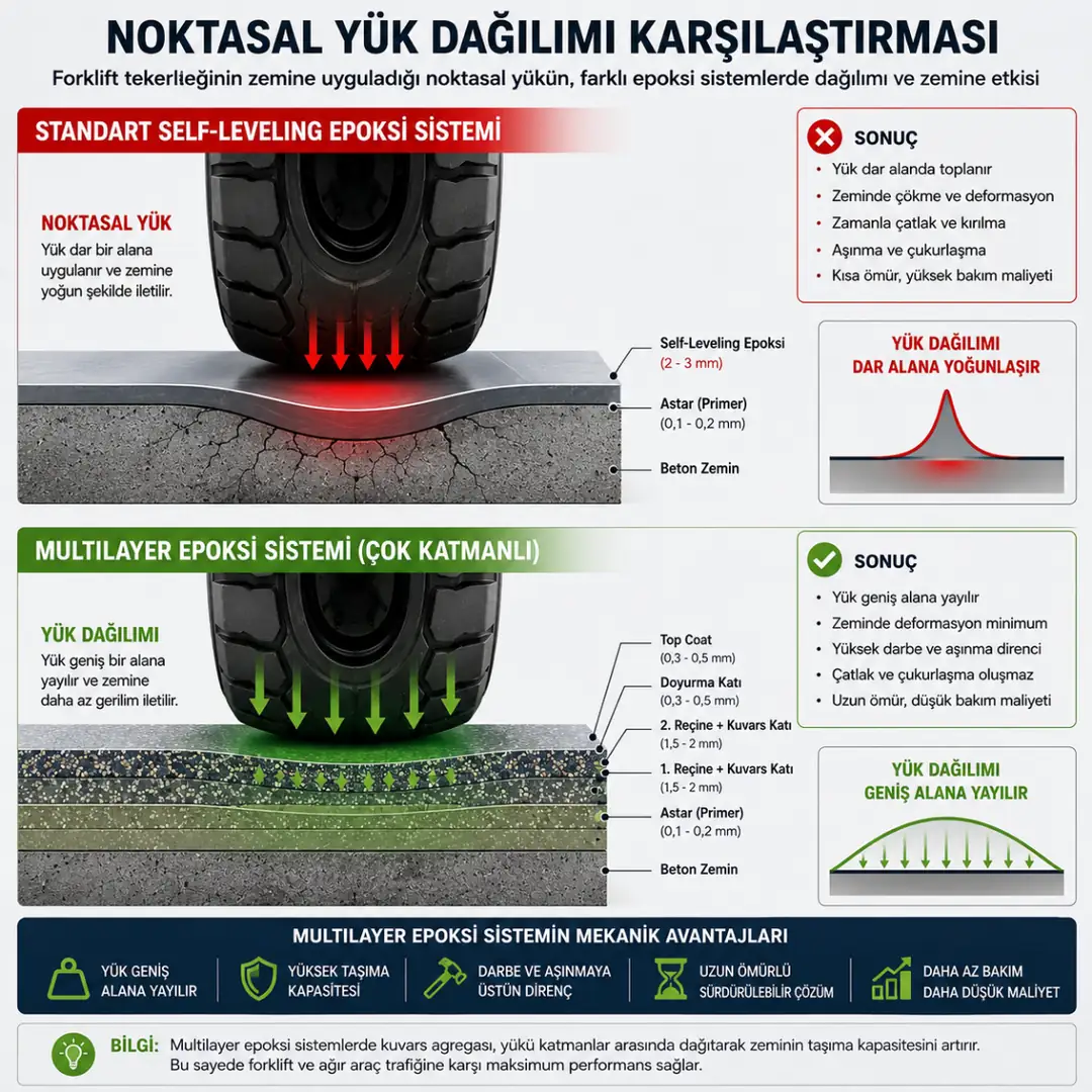 Multilayer epoksi sistemde forklift yük dağılımı şeması&nbsp;