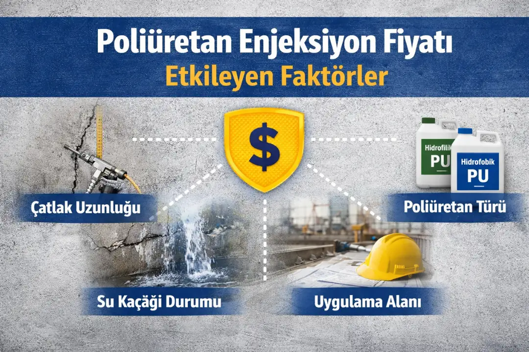 “Poliüretan enjeksiyon fiyatını etkileyen faktörler; çatlak uzunluğu, su kaçağı durumu, uygulama alanı ve poliüretan türü”&nbsp;