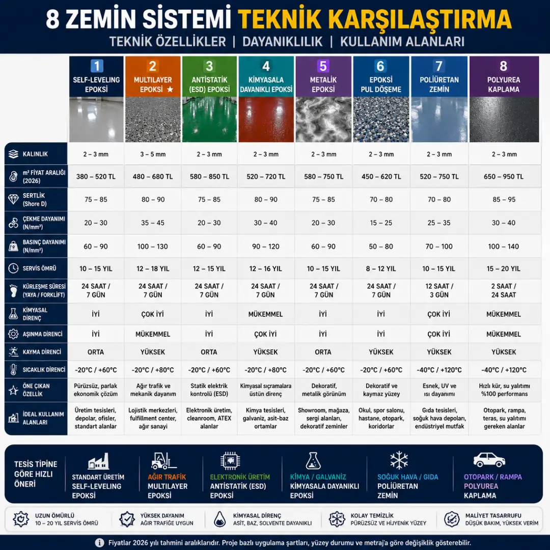 Epoksi zemin sistemleri teknik karşılaştırma servis ömrü dayanıklılık ve kullanım alanları&nbsp;
